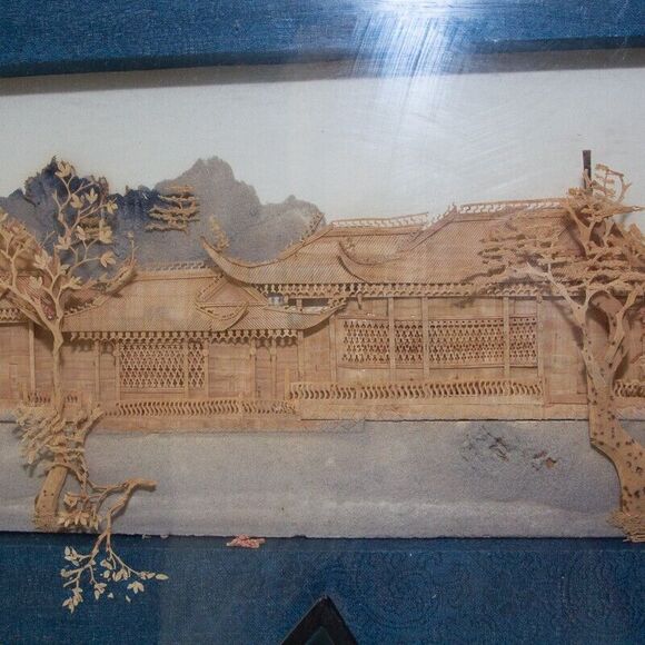 Rare Vgt Oversize Chinese Cork Carving Art Wall Hanging in Shadow Box Frame 25" - Picture 2 of 10